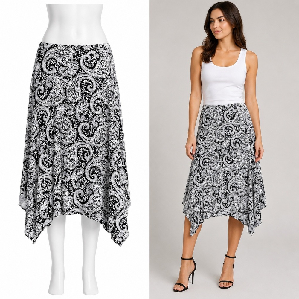 Chicos Maxi Skirt 3 16/18 Petite Black White Paisley Sharkbite Hem Stretch Knit